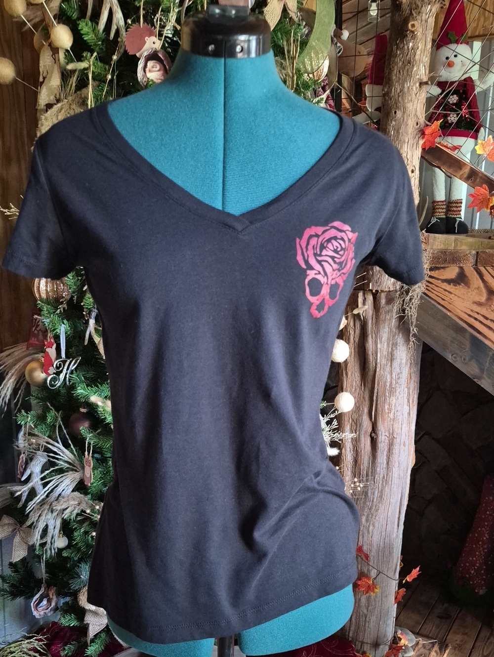 Grunt Style Black V-Neck Tee with Pink Rose Chest Graphic